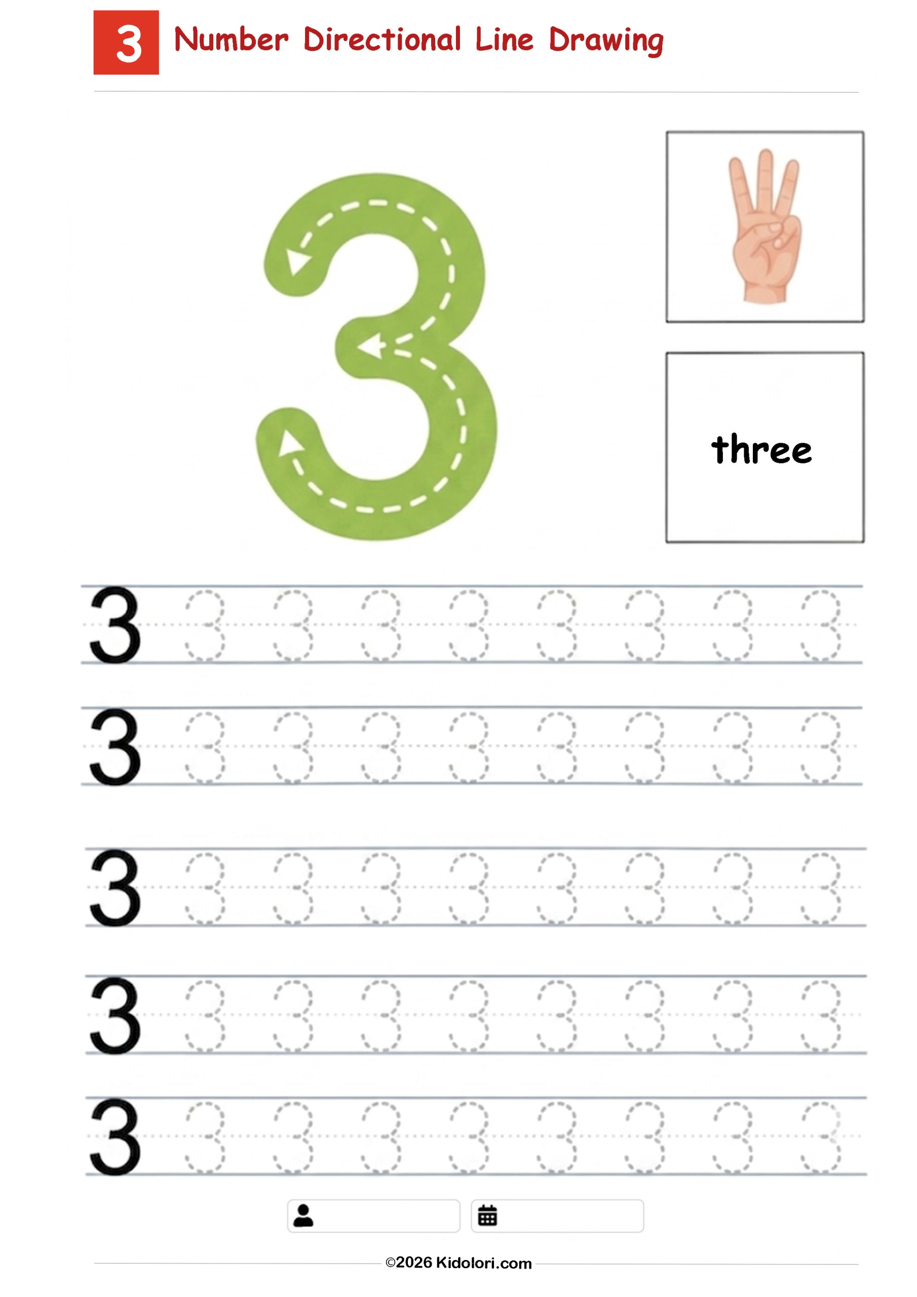 Number 3 Directional Tracing Worksheet