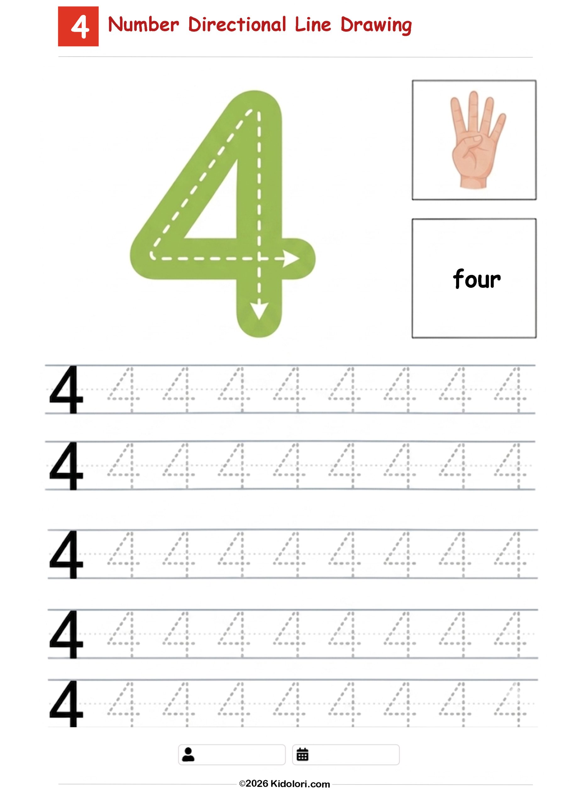 Number 4 Directional Tracing Worksheet