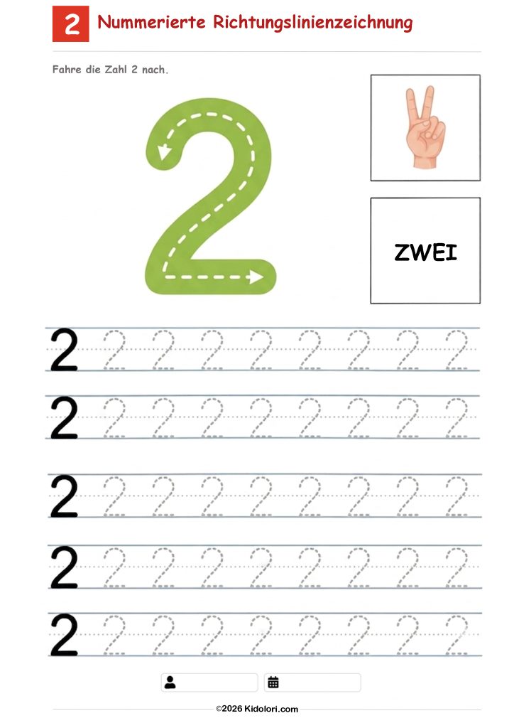 Zahl 2 Richtungsübung Nachspuren