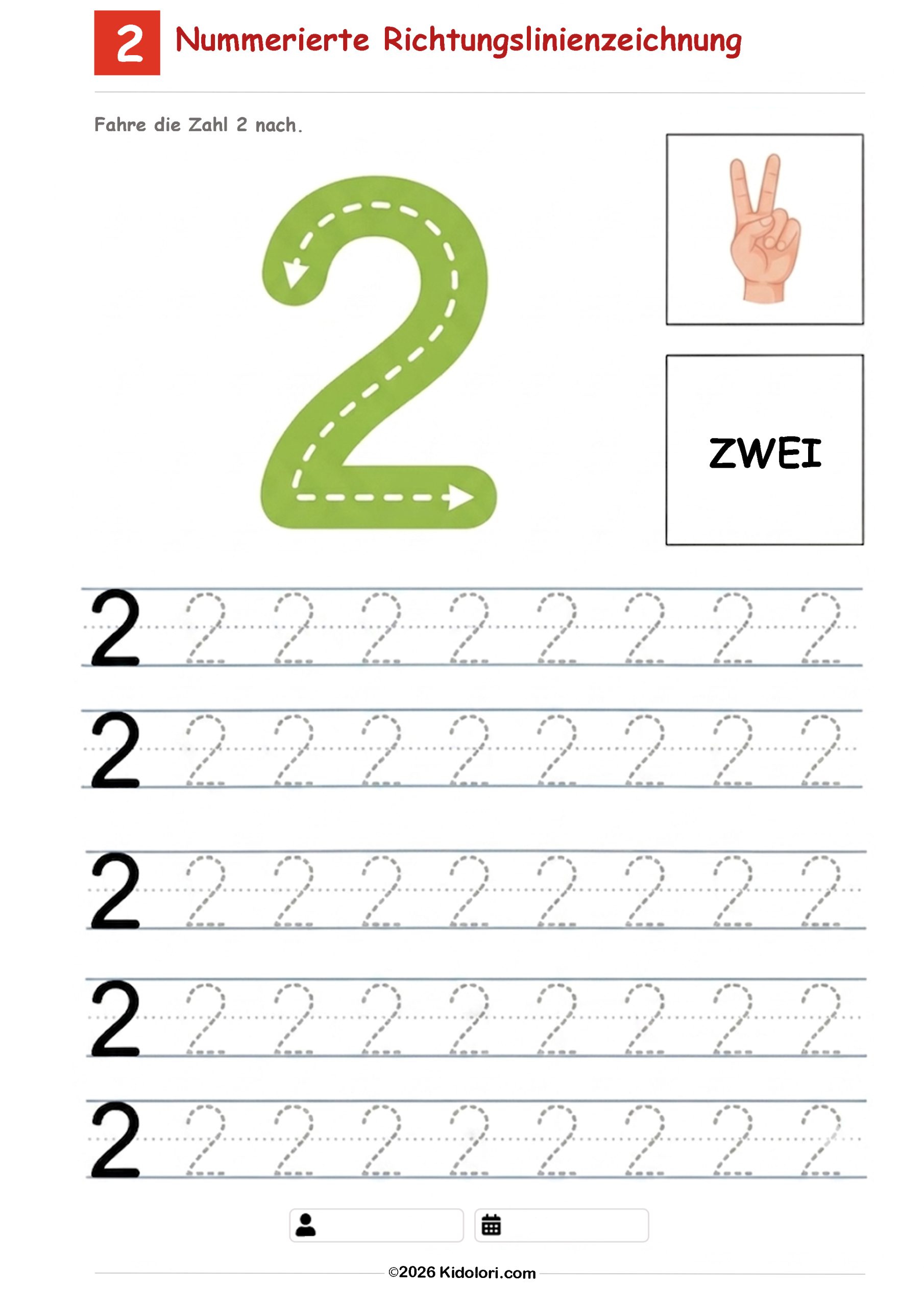 Zahl 2 Richtungsübung Nachspuren