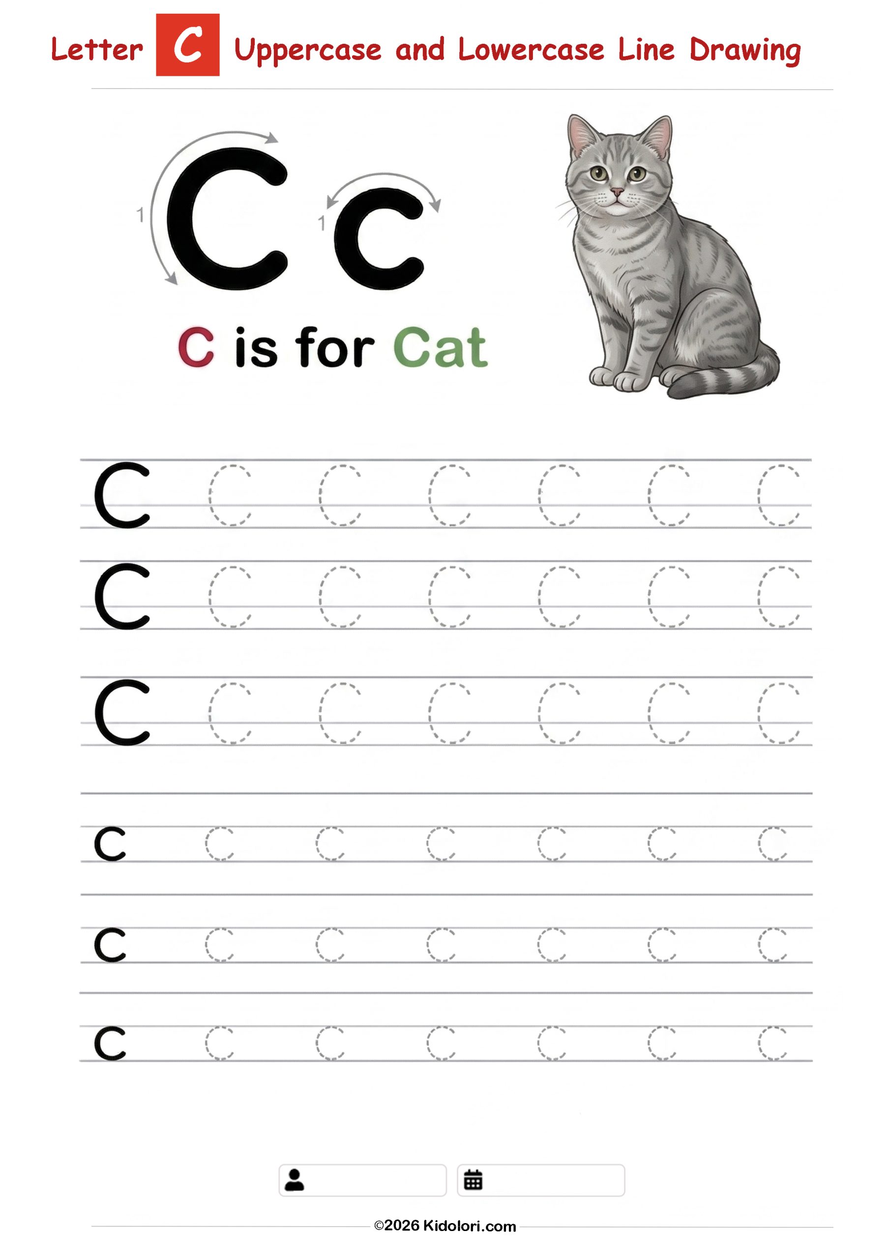 Letter C – Uppercase and Lowercase Tracing Worksheet
