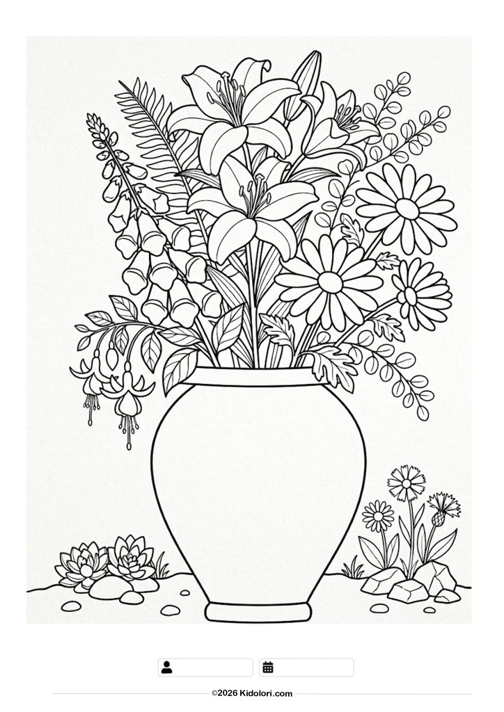 Simple Vase with Lilies and Daisies Coloring Page
