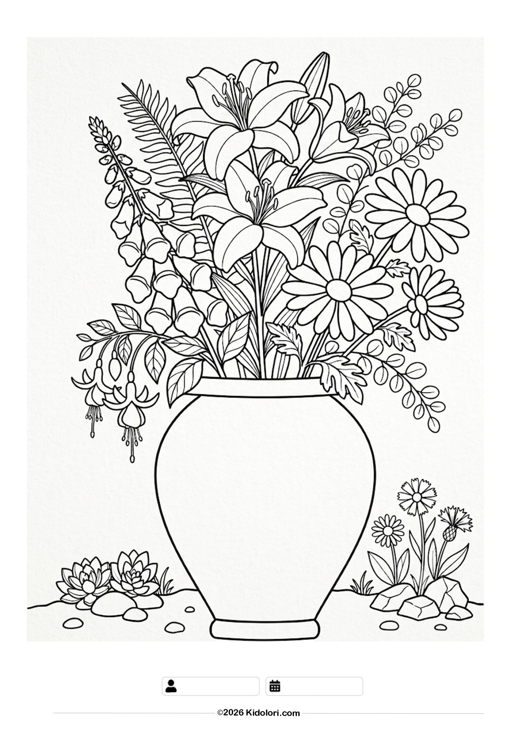 Simple Vase with Lilies and Daisies Coloring Page