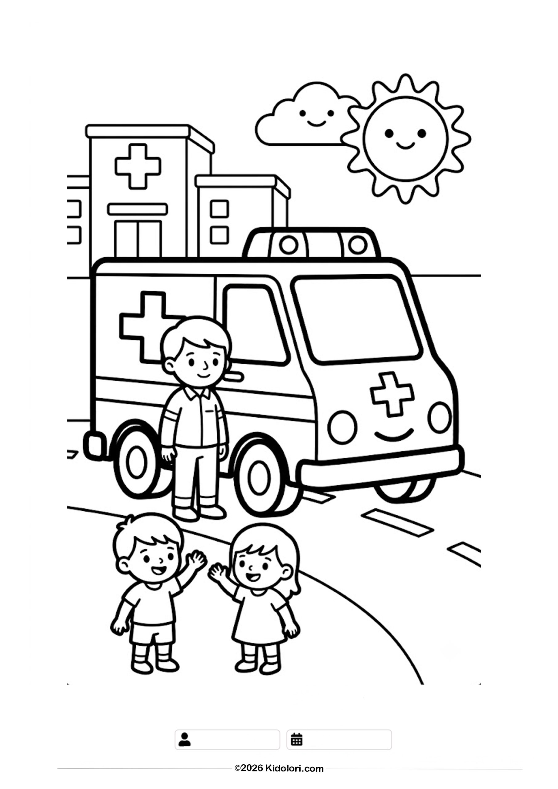 Ambulance and Hospital Coloring Page