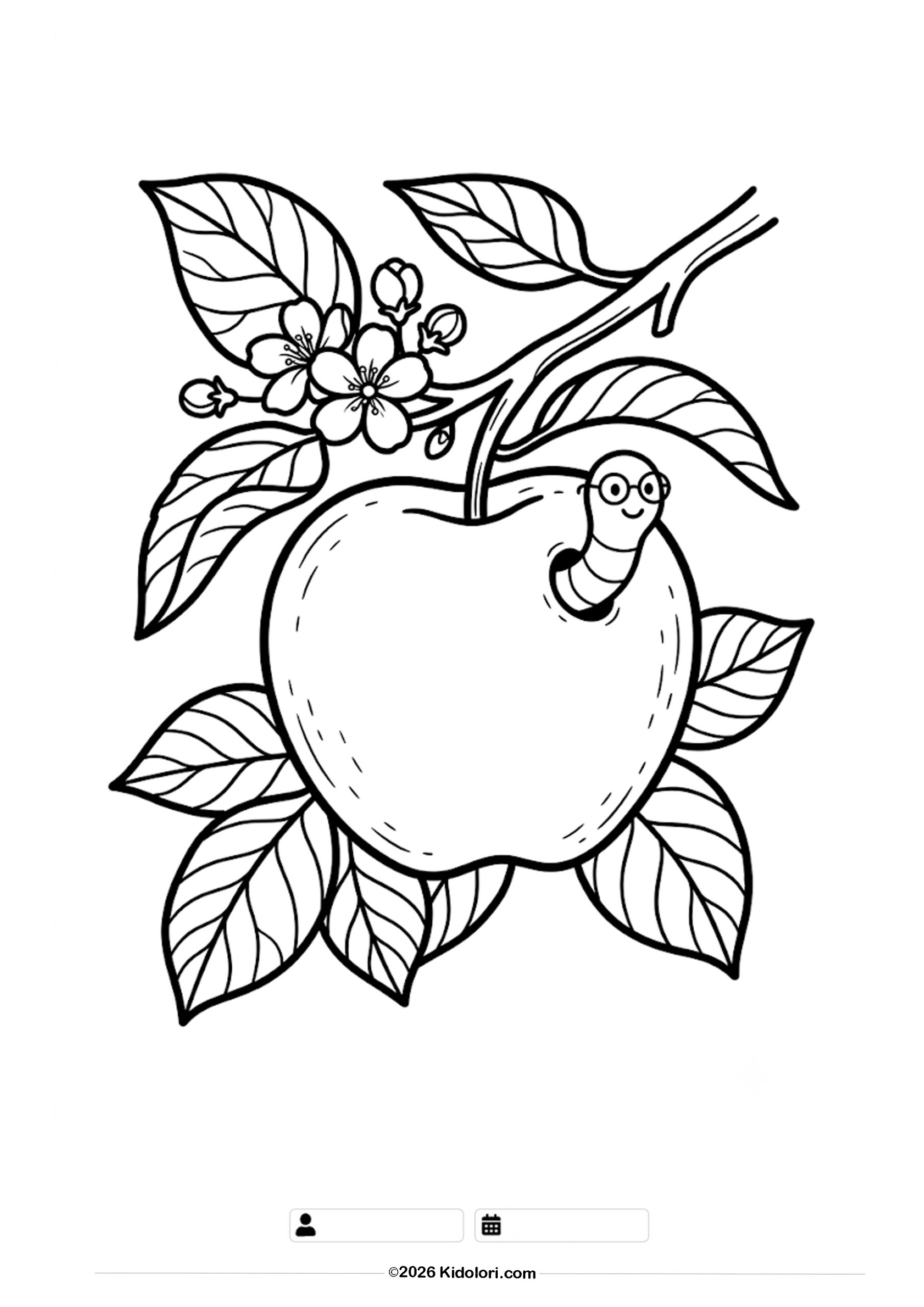 Cute Apple with a Worm Coloring Page