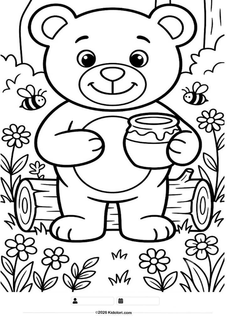Cute Bear with Honey Pot Coloring Page