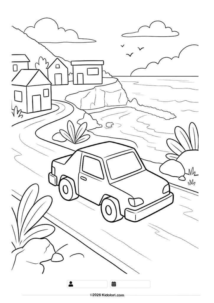 Car on a Coastal Road Coloring Page