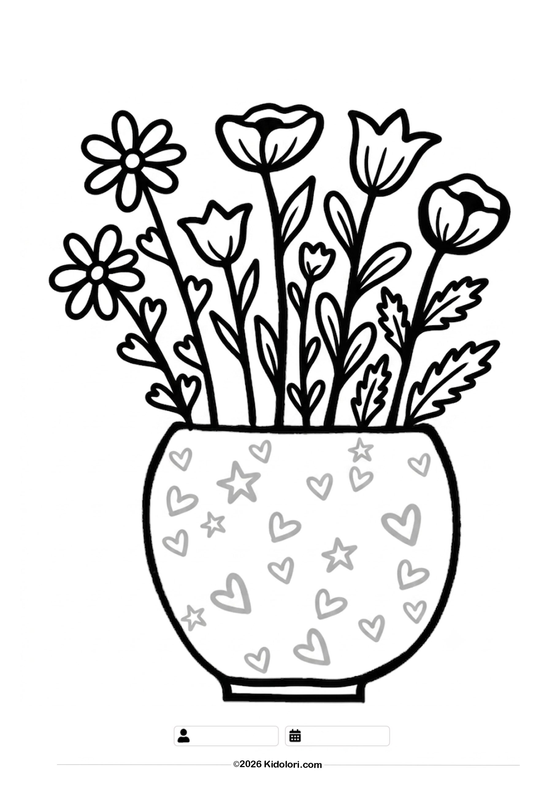 Cute Flowers in a Heart Vase Coloring Page