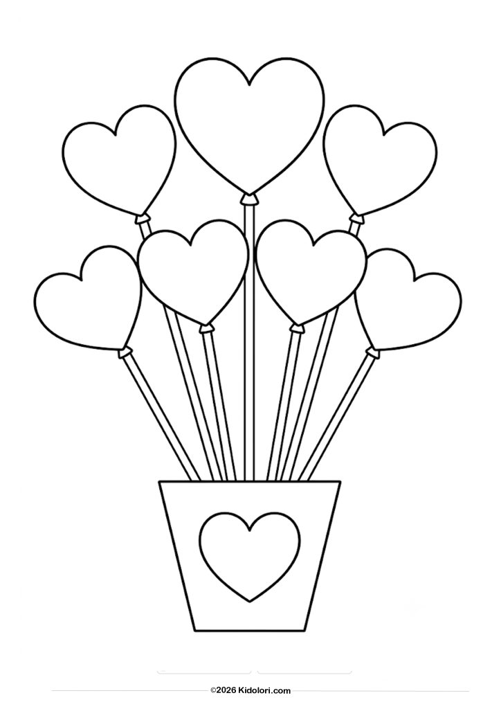 Cute Heart Balloons in a Pot Coloring Page