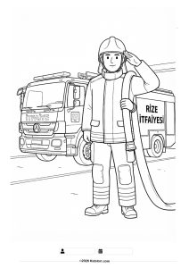 Brave Firefighter and Fire Truck Coloring Page