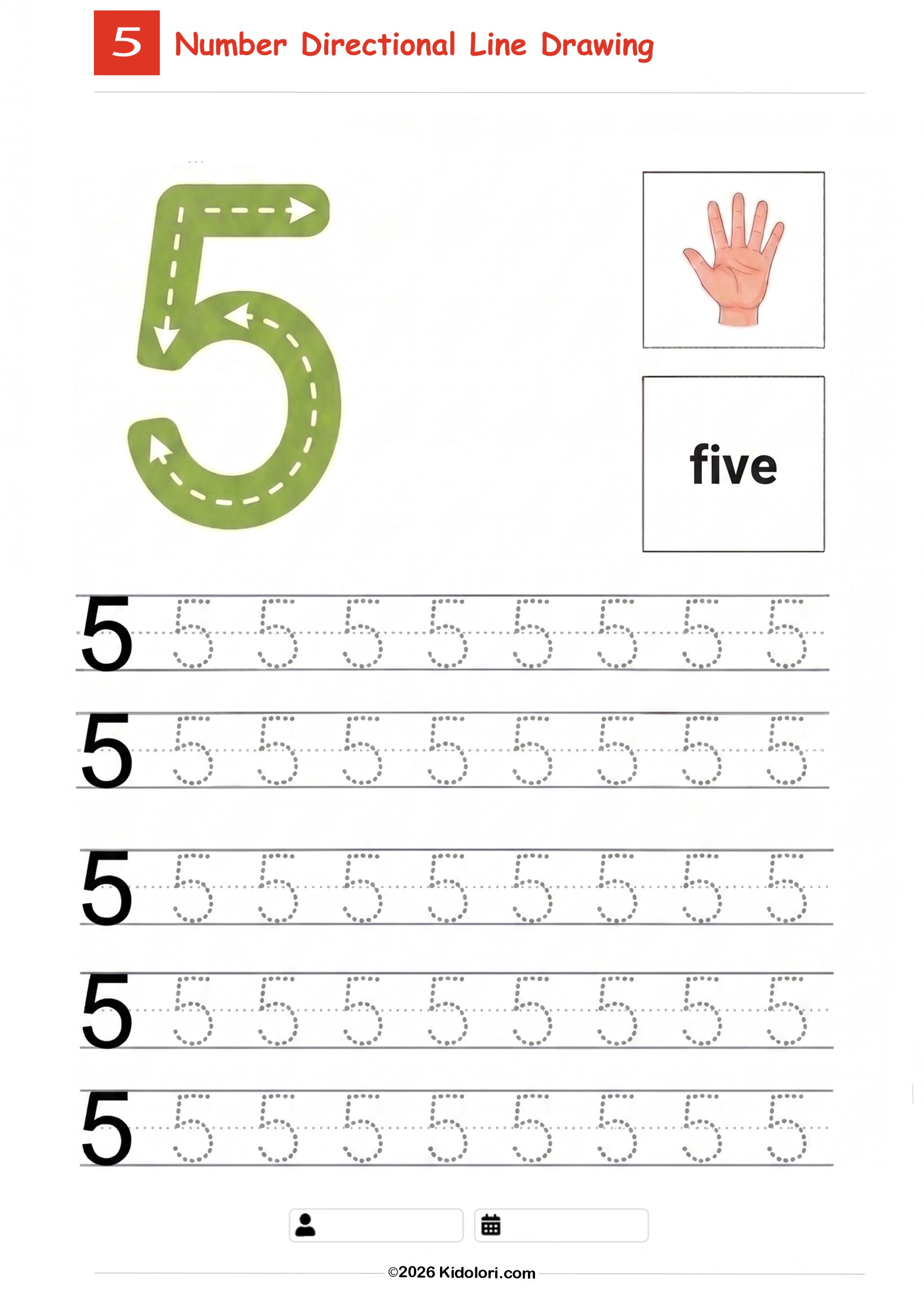 Number 5 Directional Tracing Worksheet