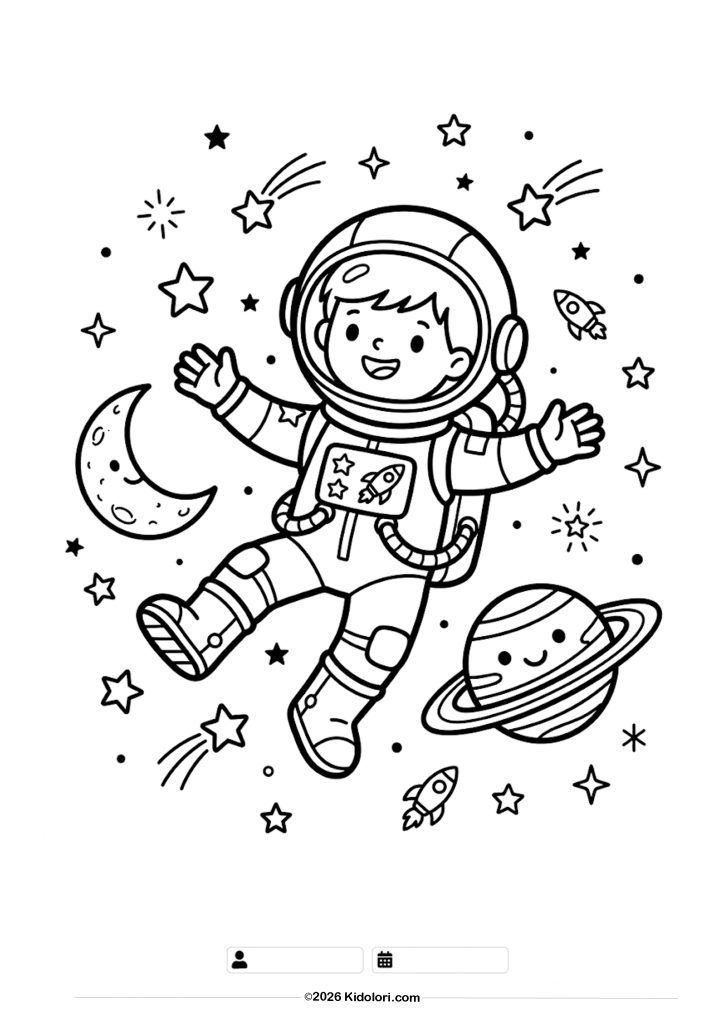 Uzayda Sevimli Astronot Boyama Sayfası