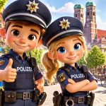 Freundliche Polizistin und Polizist im modernen Animationsstil helfen Fußgängern sicher über die Straße