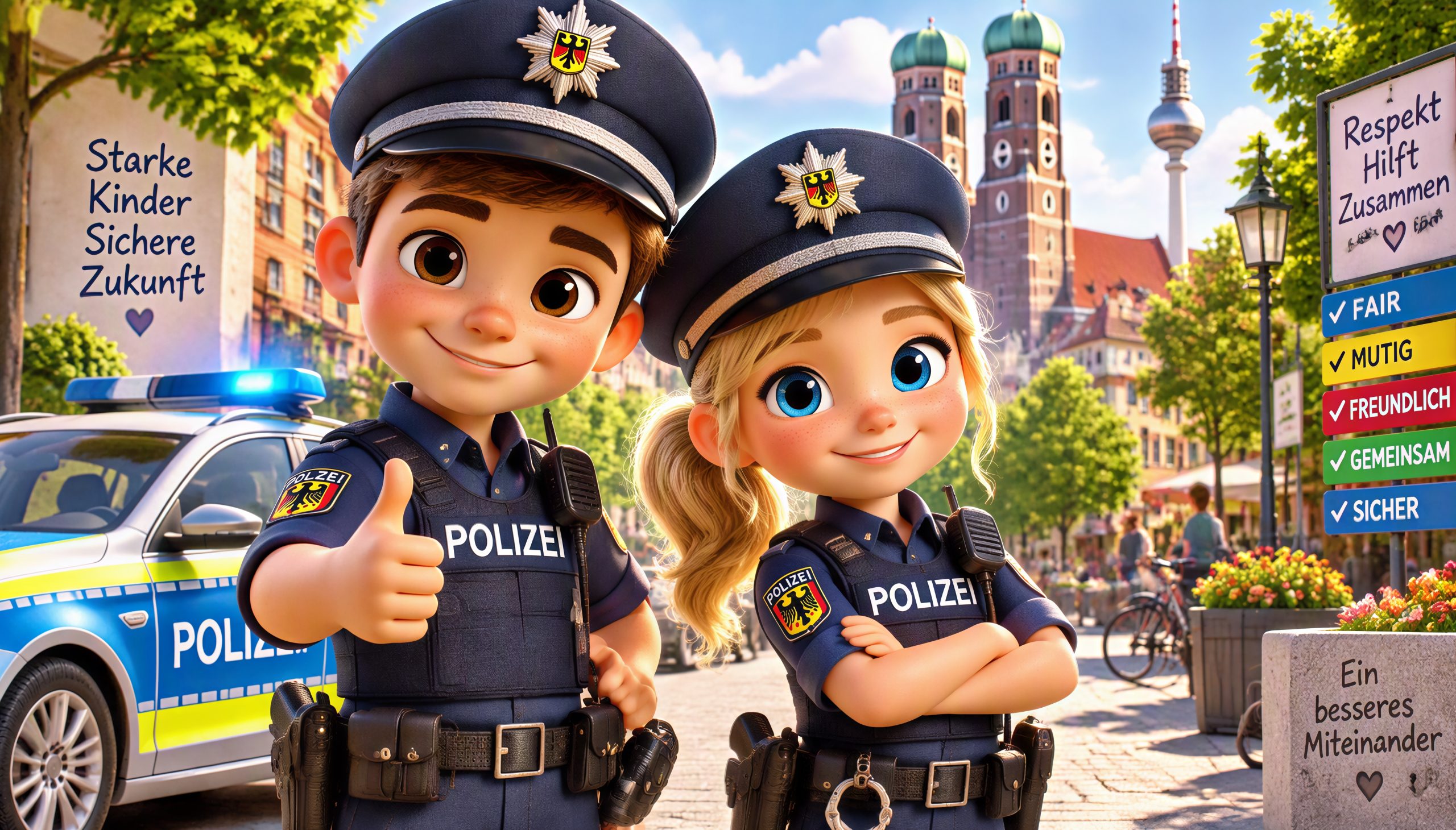 Freundliche Polizistin und Polizist im modernen Animationsstil helfen Fußgängern sicher über die Straße