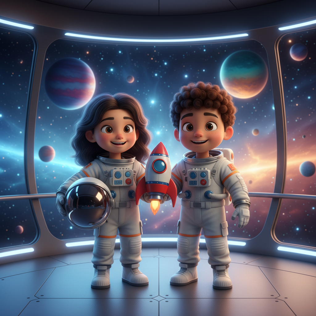 Freundliche junge Astronautin und Astronaut im modernen Animationsstil betrachten Planeten von einer Raumstation aus