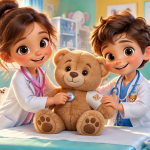 Cheerful young boy and girl dressed as doctors examining a teddy bear with a stethoscope in cartoon animation style