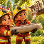Freundliche Feuerwehrfrau und Feuerwehrmann im Animationsstil lächeln vor einem roten Feuerwehrauto