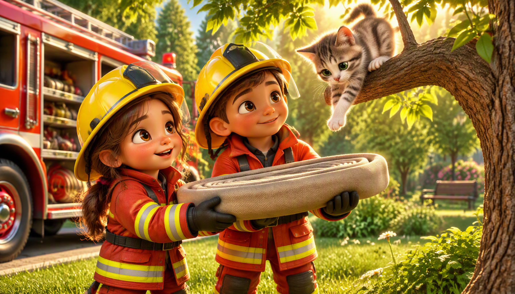 Freundliche Feuerwehrfrau und Feuerwehrmann im Animationsstil lächeln vor einem roten Feuerwehrauto