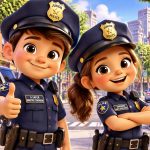 Friendly male and female police officers in animated cartoon style helping pedestrians safely cross the street