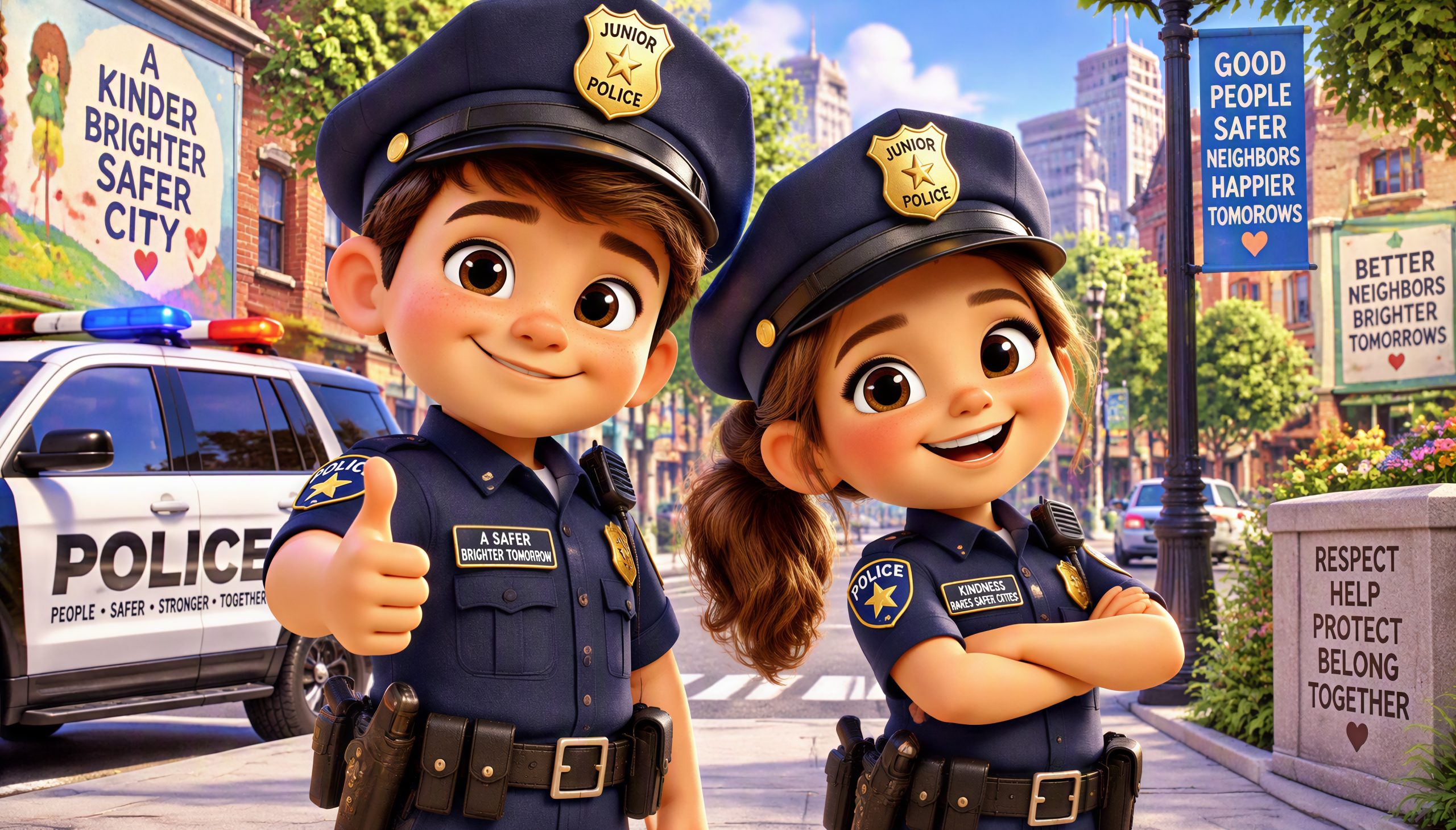 Friendly male and female police officers in animated cartoon style helping pedestrians safely cross the street