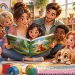Freundliche Lehrerin und Lehrer im modernen Animationsstil lesen Kindern im Kindergarten ein Bilderbuch vor