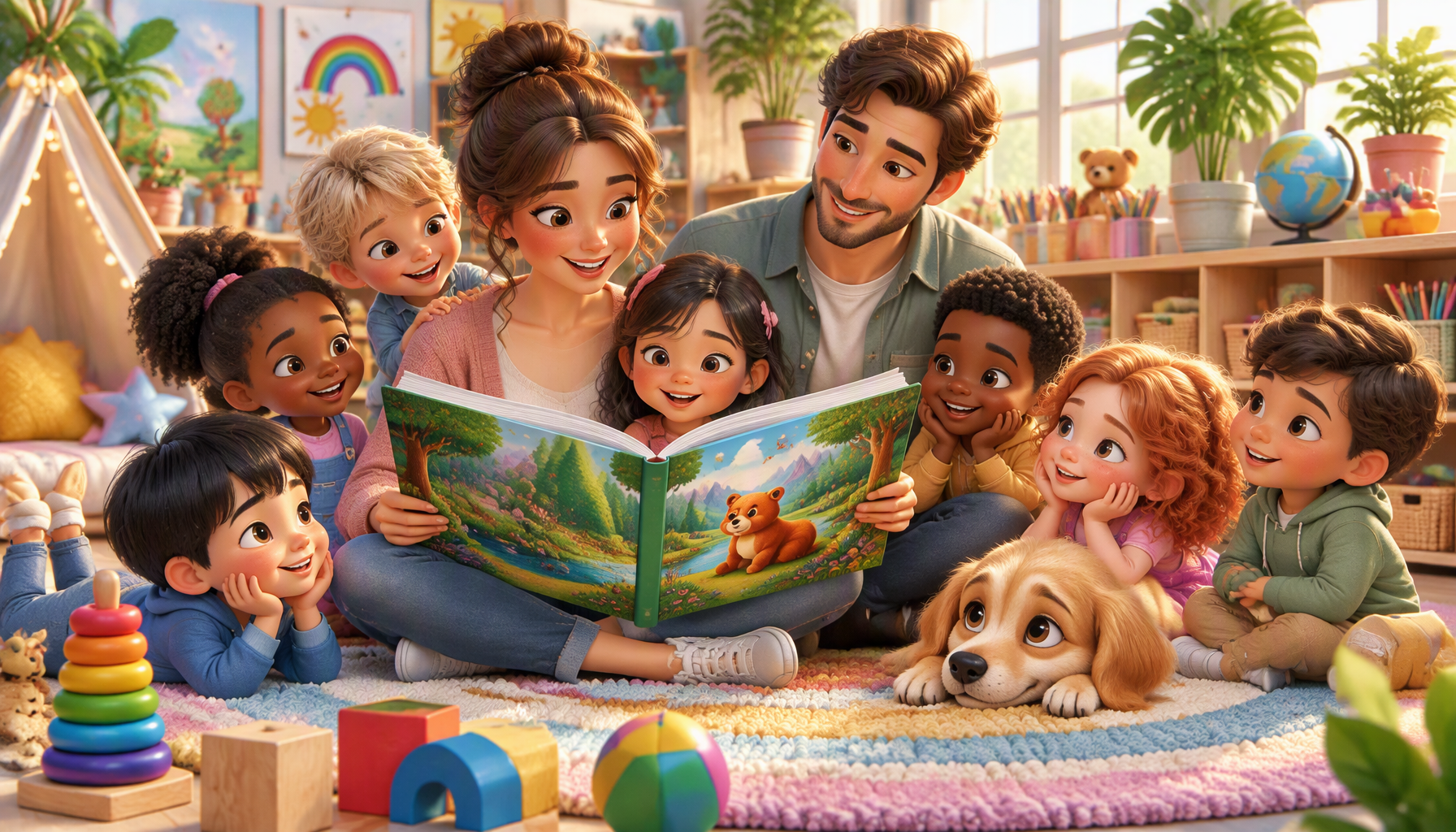 Freundliche Lehrerin und Lehrer im modernen Animationsstil lesen Kindern im Kindergarten ein Bilderbuch vor