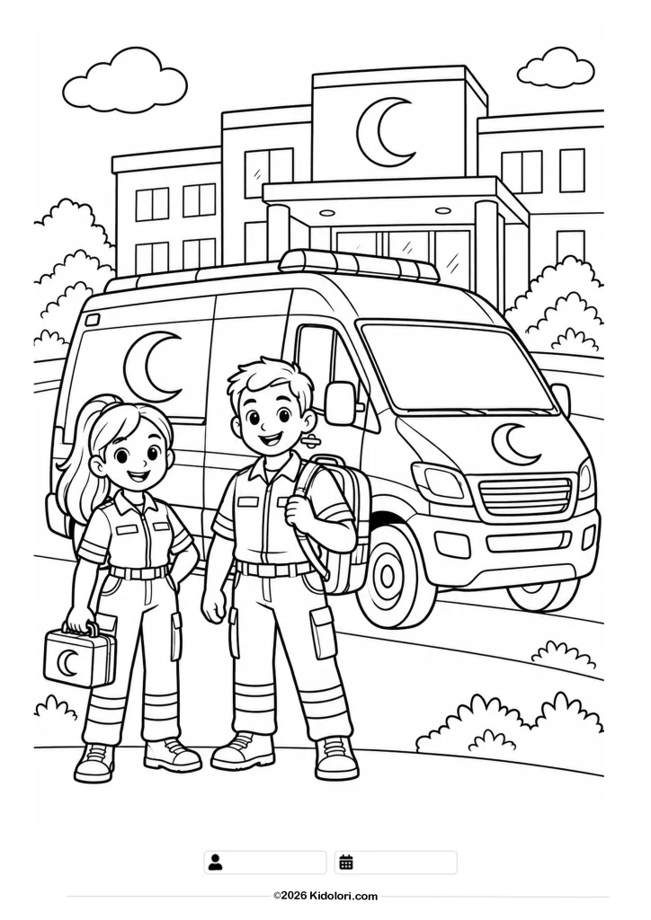 Krankenwagen und Rettungsteam Ausmalbild