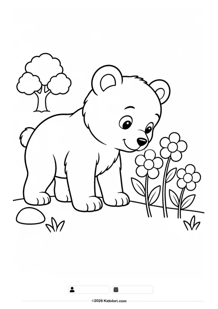 Bear Cub Smelling Wildflowers Coloring Page