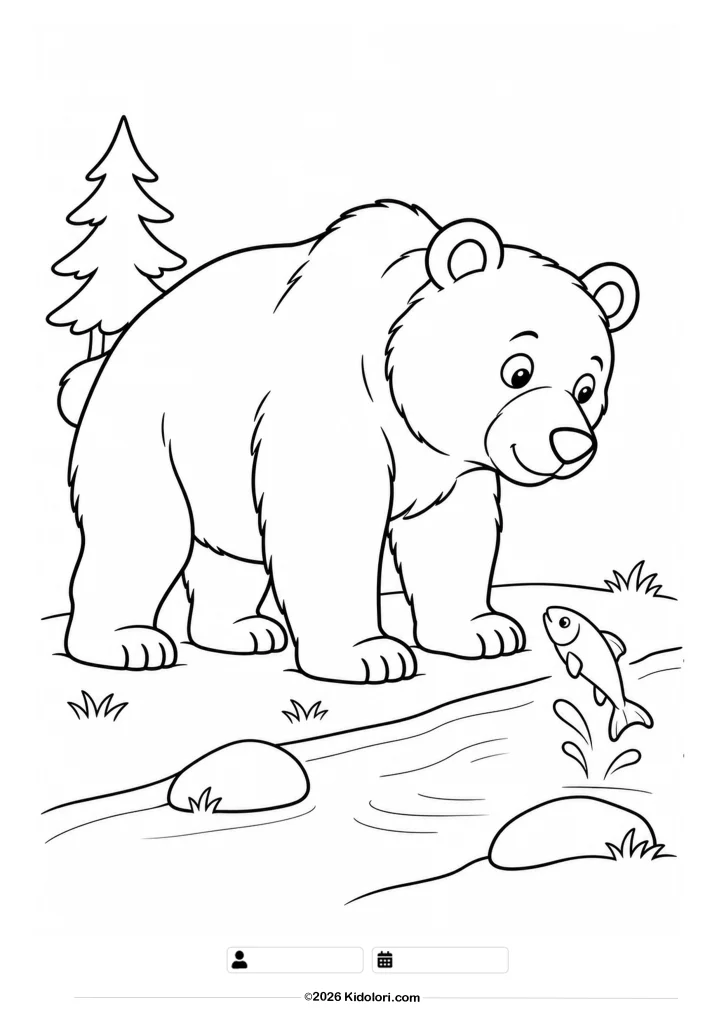 Bear Watching a Fish by a Stream Coloring Page
