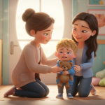 Einfühlsame Erzieherin tröstet ein weinendes Kindergartenkind mit Kuscheltier im Arm auf Augenhöhe im Animationsstil