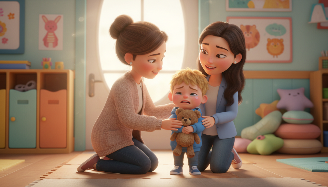 Einfühlsame Erzieherin tröstet ein weinendes Kindergartenkind mit Kuscheltier im Arm auf Augenhöhe im Animationsstil