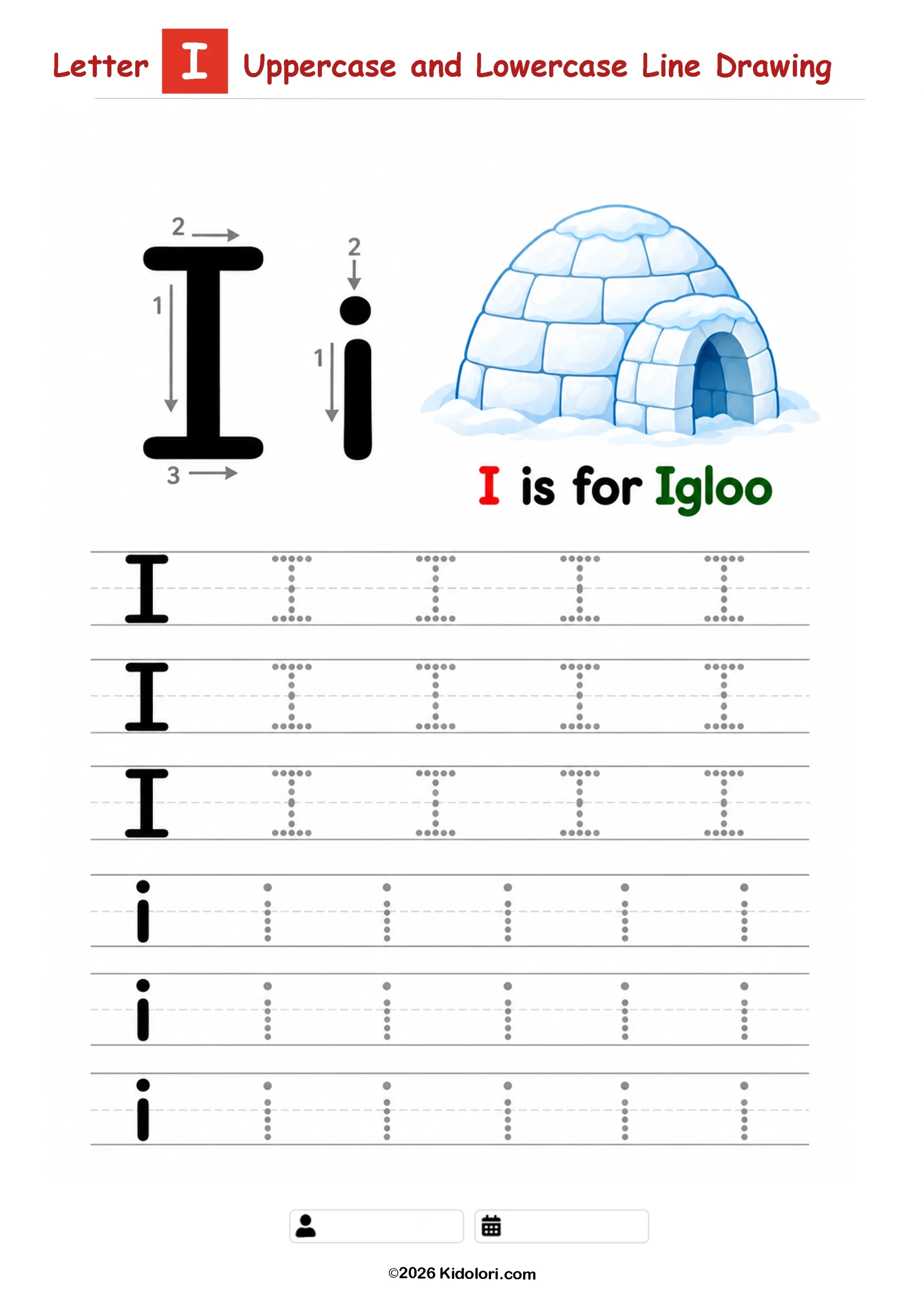 Letter I – Uppercase and Lowercase Tracing Worksheet