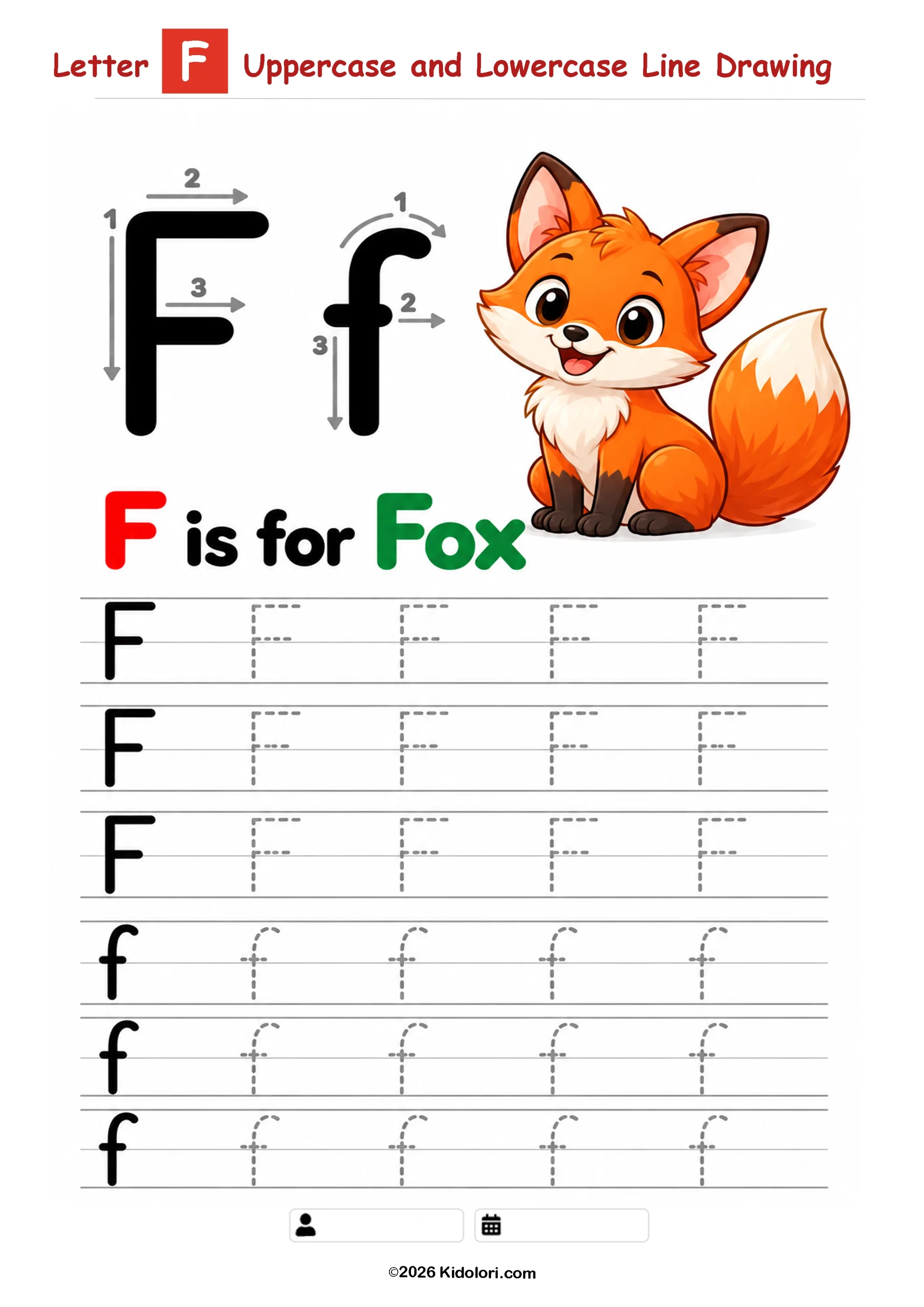 Letter F – Uppercase and Lowercase Tracing Worksheet