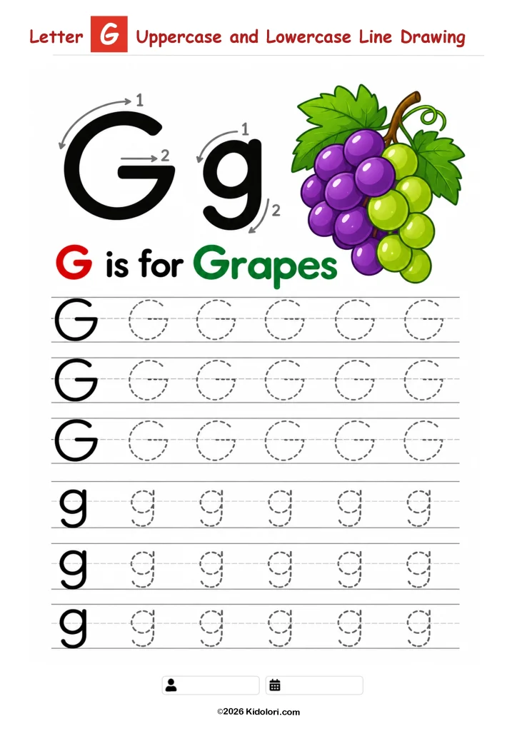 Letter G – Uppercase and Lowercase Tracing Worksheet