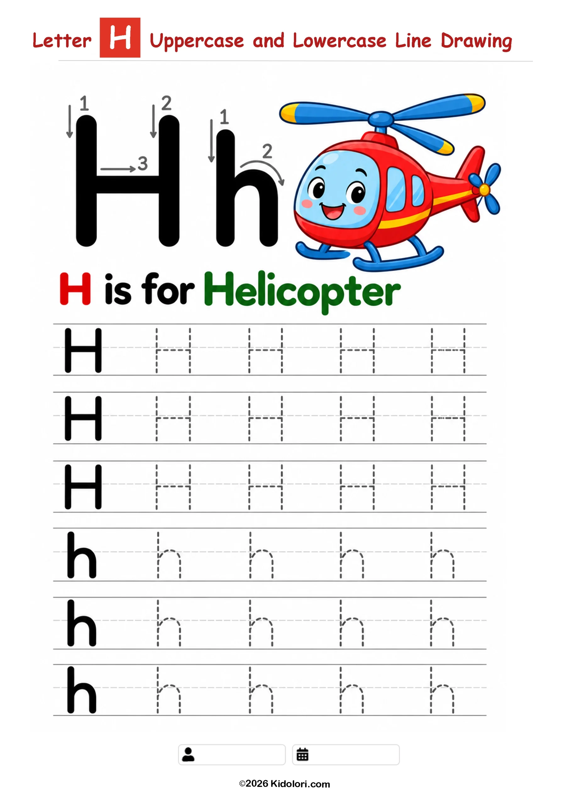 Letter H – Uppercase and Lowercase Tracing Worksheet