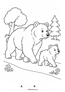 Mother Bear and Cub Walking in the Forest Coloring Page