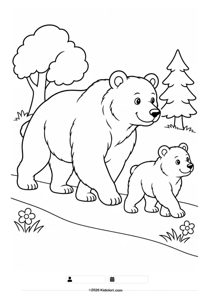 Mother Bear and Cub Walking in the Forest Coloring Page