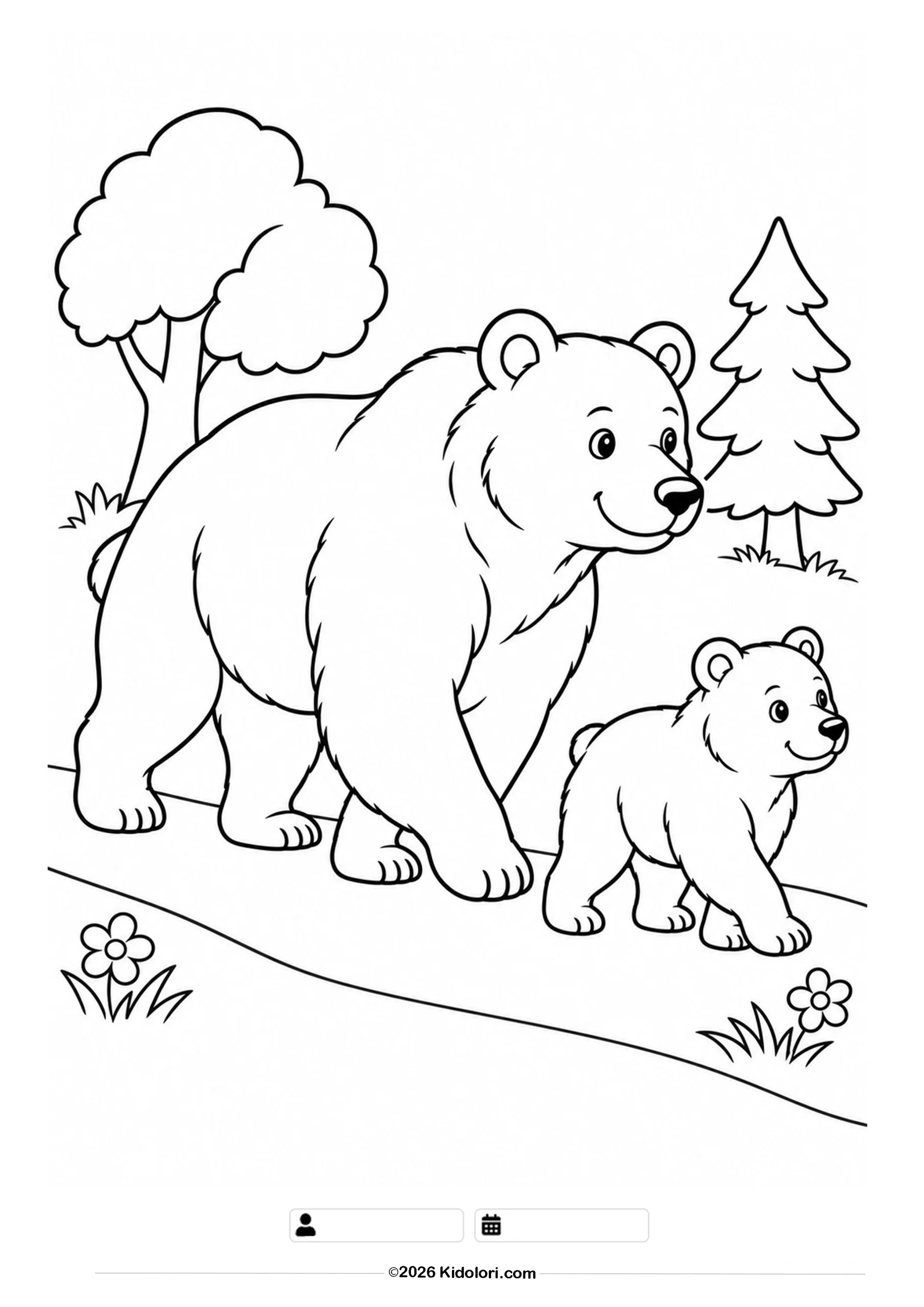 Mother Bear and Cub Walking in the Forest Coloring Page