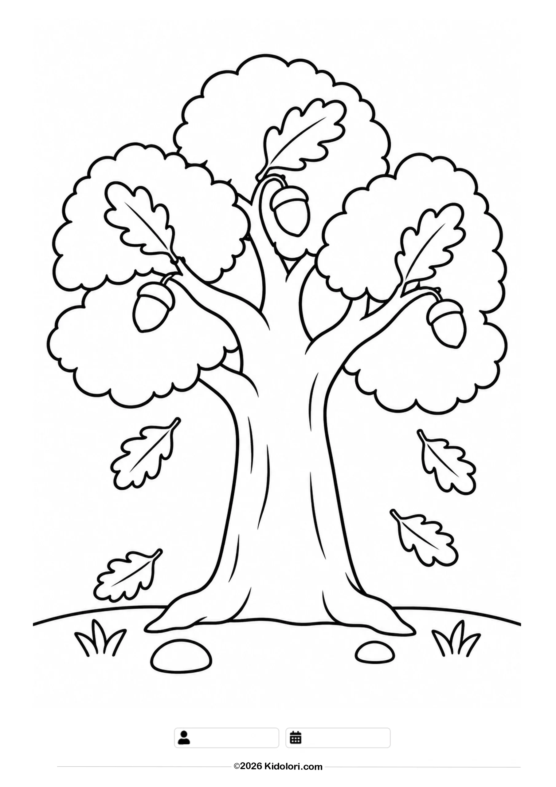 Oak Tree with Falling Autumn Leaves Coloring Page