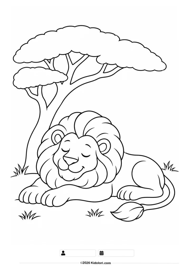 Sleeping Lion Under a Tree Coloring Page