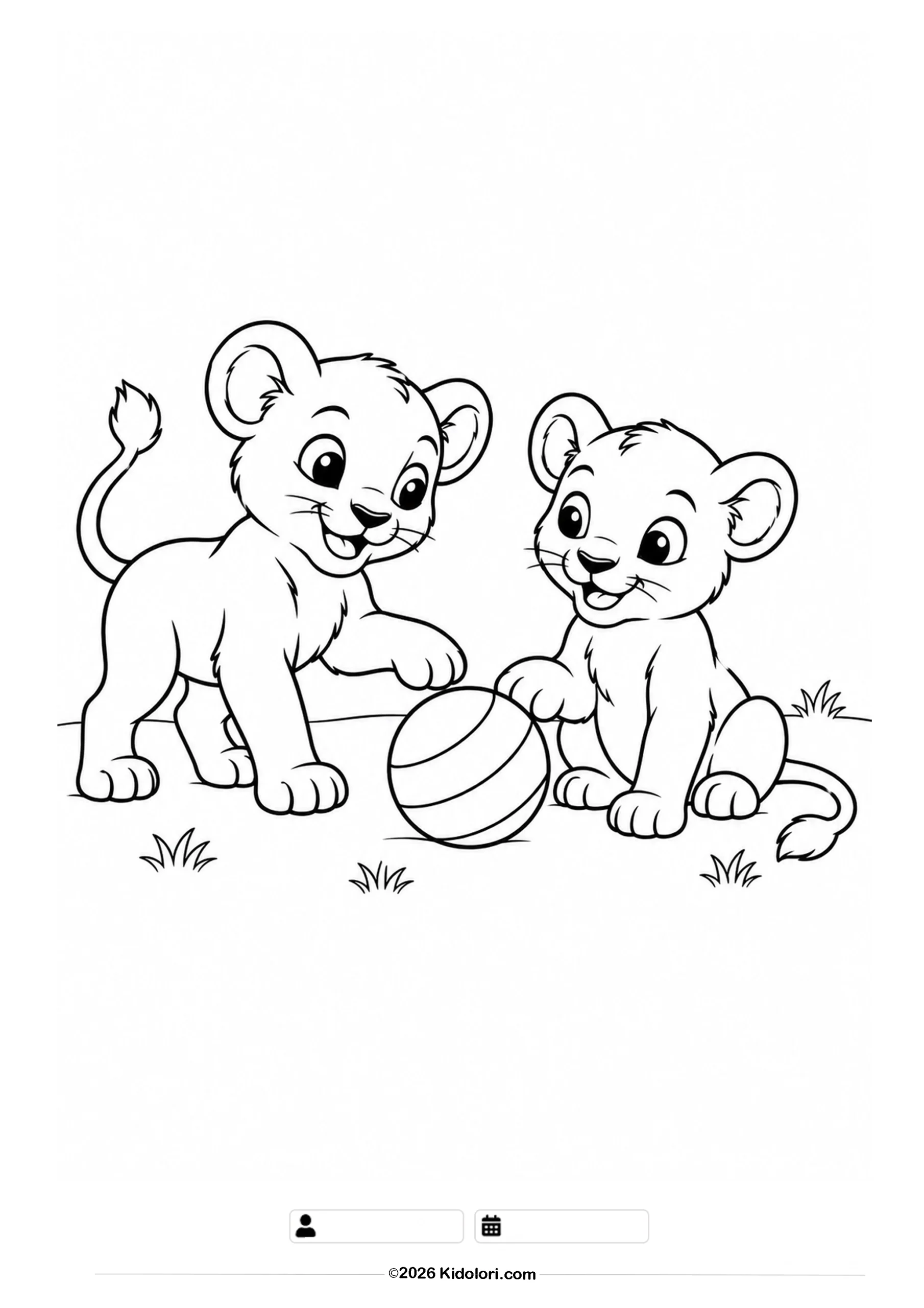 Two Lion Cubs Playing with a Ball Coloring Page