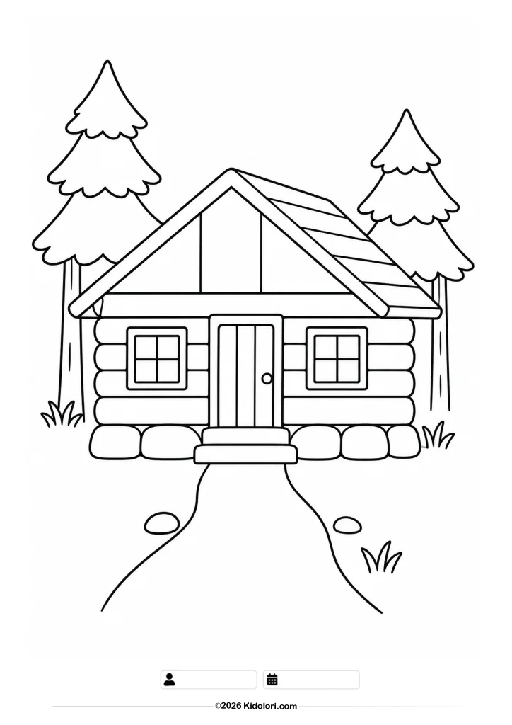 Wooden Cabin in a Pine Forest Coloring Page