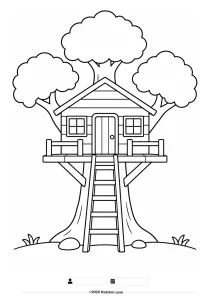 Wooden Treehouse with Ladder Coloring Page
